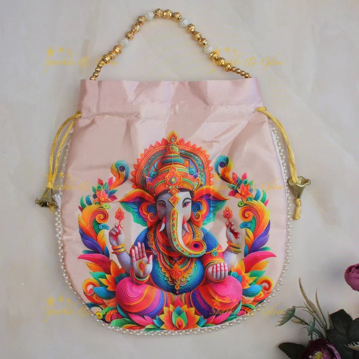 Beautiful lord ganesha print potli bags with gold beads - set of 10 - Assorted colours for return gifts - Sparkle and Glow