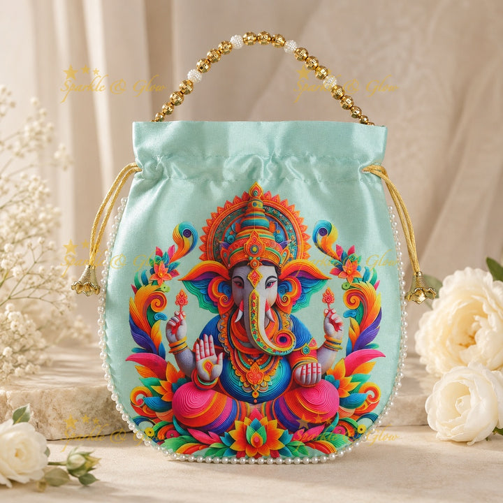 Lord Ganesha Gold Beaded Potli Bags - Set of 10
