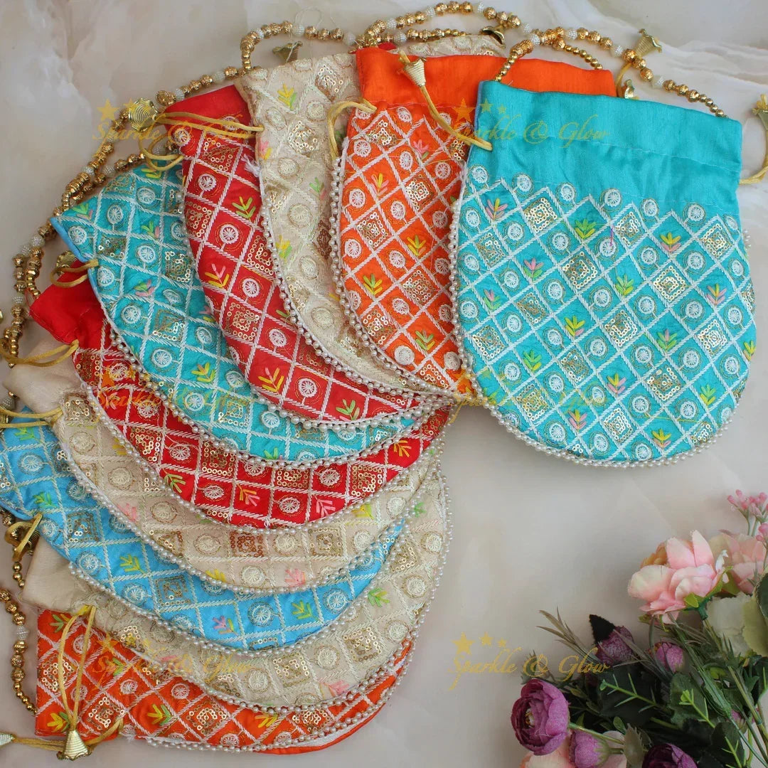 Beautiful embroidery work potli bags with gold beads - set of 10 - Assorted colours for return gifts - Sparkle and Glow