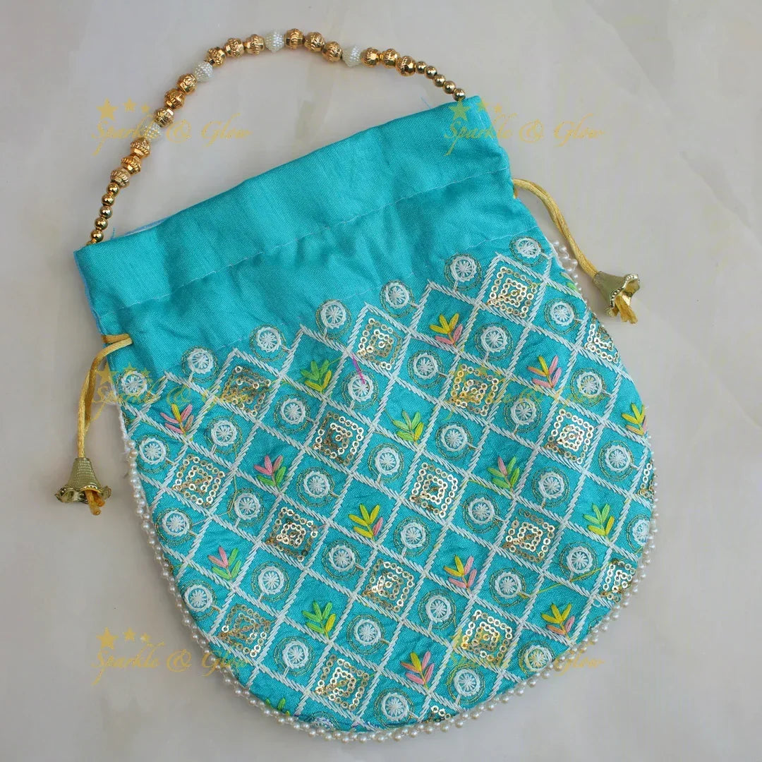 Beautiful embroidery work potli bags with gold beads - set of 10 - Assorted colours for return gifts - Sparkle and Glow