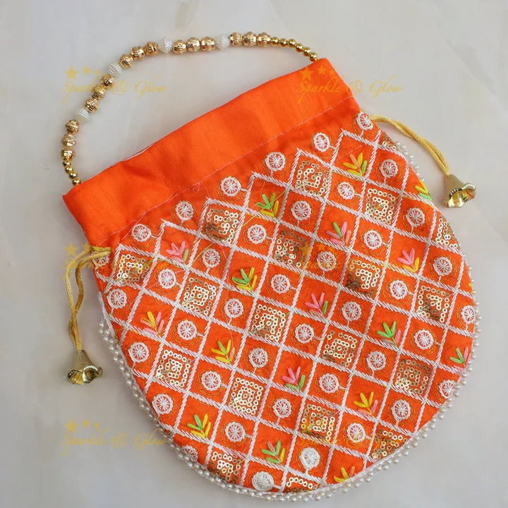 Beautiful embroidery work potli bags with gold beads - set of 10 - Assorted colours for return gifts - Sparkle and Glow