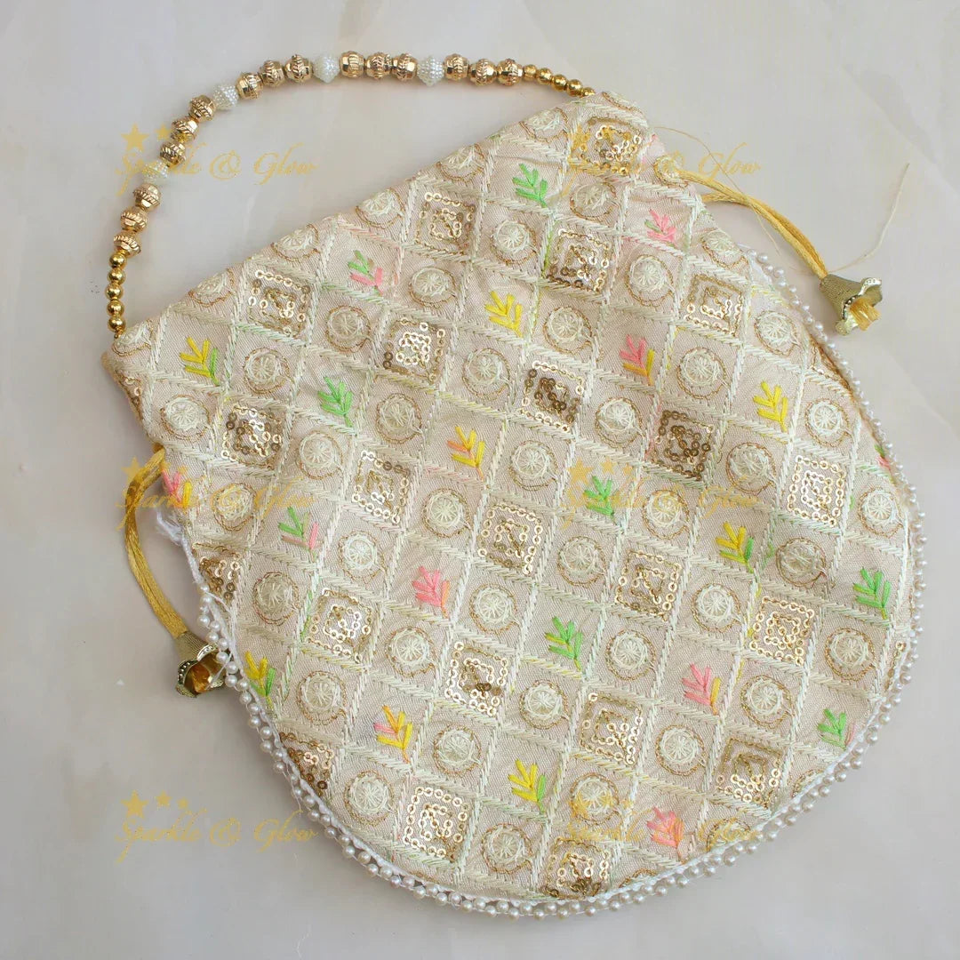 Beautiful embroidery work potli bags with gold beads - set of 10 - Assorted colours for return gifts - Sparkle and Glow