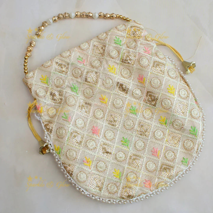 Beautiful embroidery work potli bags with gold beads - set of 10 - Assorted colours for return gifts - Sparkle and Glow