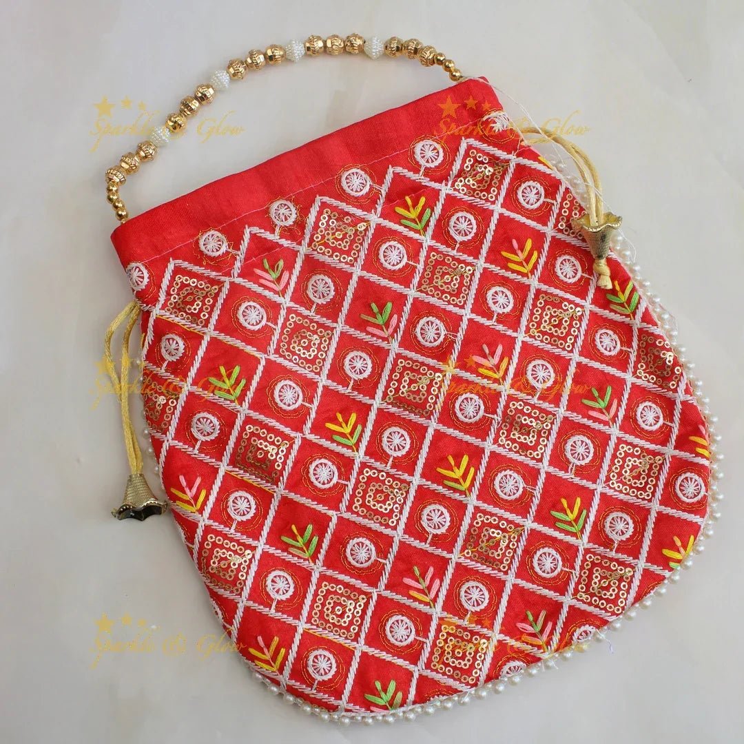 Beautiful embroidery work potli bags with gold beads - set of 10 - Assorted colours for return gifts - Sparkle and Glow
