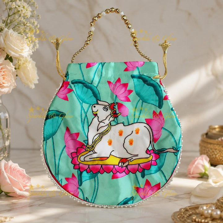 Nandi Print Potli Bags, Gold Beads, Set of 10