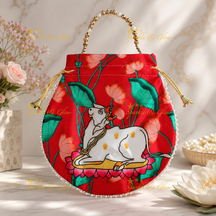 Nandi Print Potli Bags, Gold Beads, Set of 10