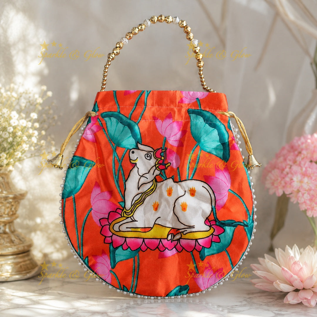 Nandi Print Potli Bags, Gold Beads, Set of 10