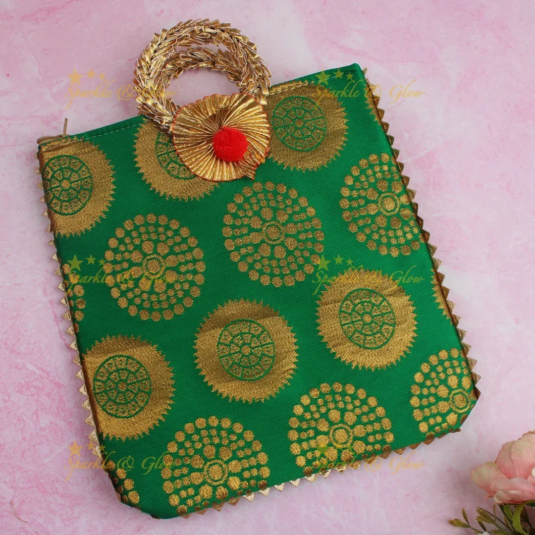 Beautiful potli bags with gold prints - set of 10 - Assorted colours for return gifts - Sparkle and Glow