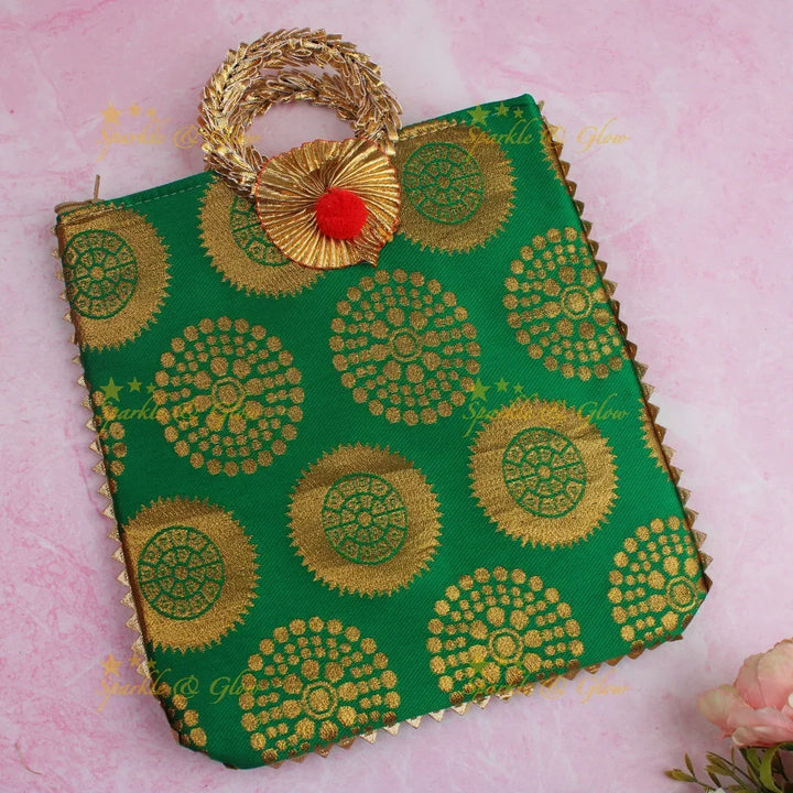 Beautiful potli bags with gold prints - set of 10 - Assorted colours for return gifts - Sparkle and Glow