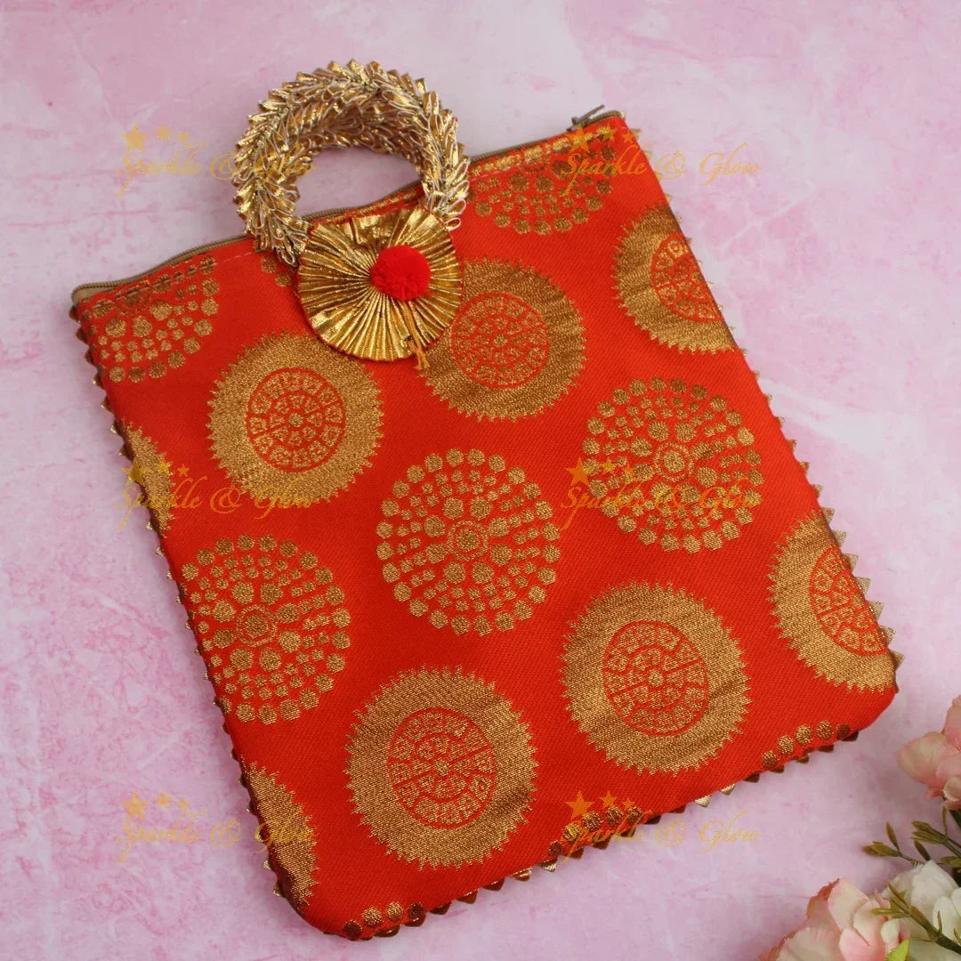 Beautiful potli bags with gold prints - set of 10 - Assorted colours for return gifts - Sparkle and Glow