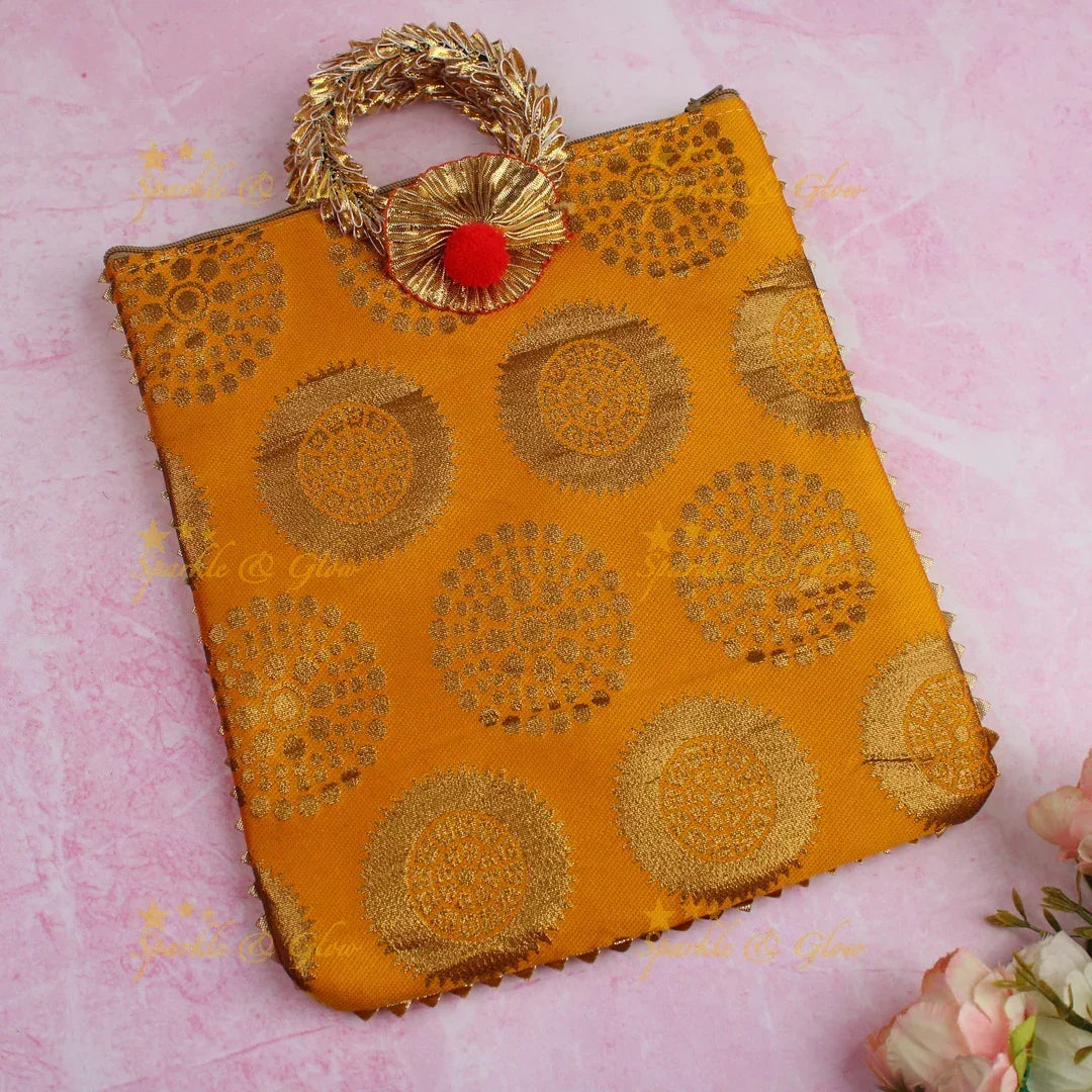 Beautiful potli bags with gold prints - set of 10 - Assorted colours for return gifts - Sparkle and Glow
