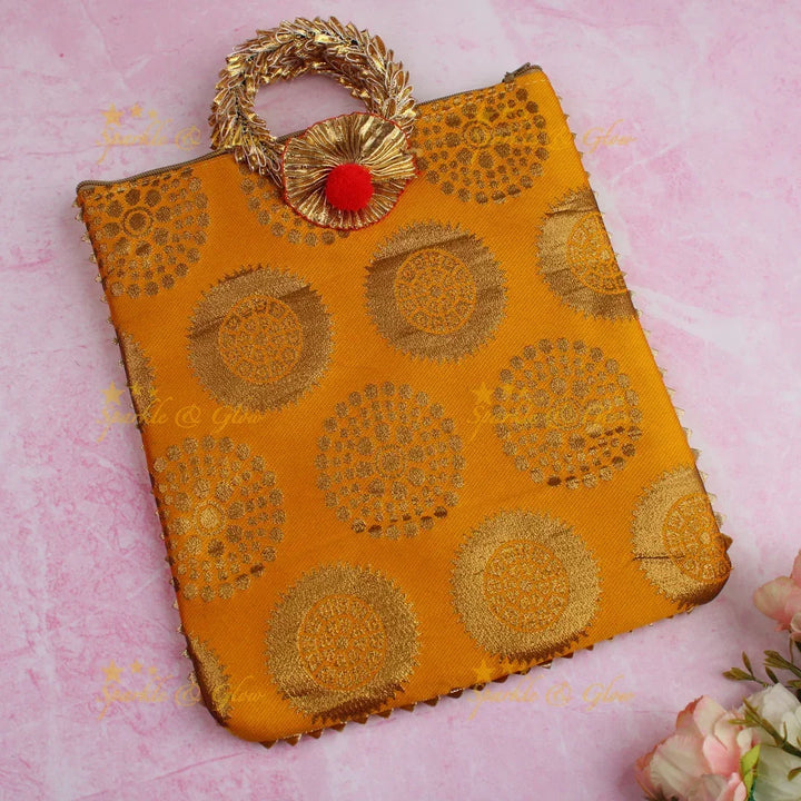 Beautiful potli bags with gold prints - set of 10 - Assorted colours for return gifts - Sparkle and Glow