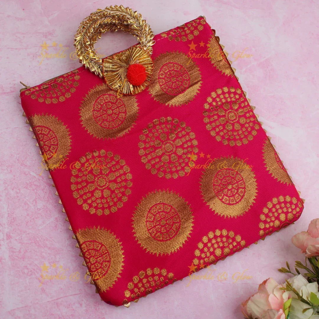 Beautiful potli bags with gold prints - set of 10 - Assorted colours for return gifts - Sparkle and Glow