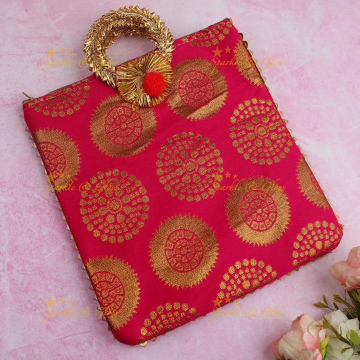 Beautiful potli bags with gold prints - set of 10 - Assorted colours for return gifts - Sparkle and Glow