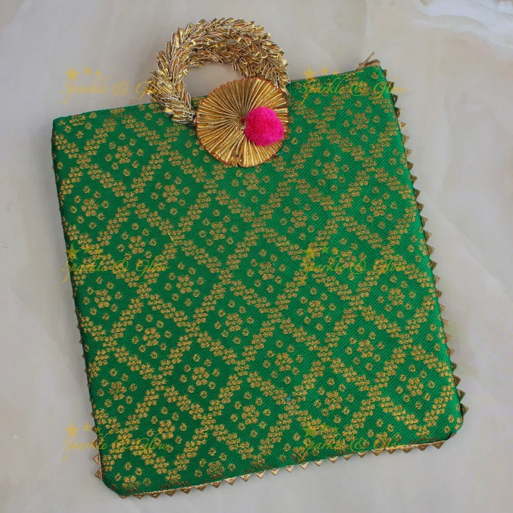 Beautiful potli bags with gold prints - set of 10 - Assorted colours for return gifts - Sparkle and Glow