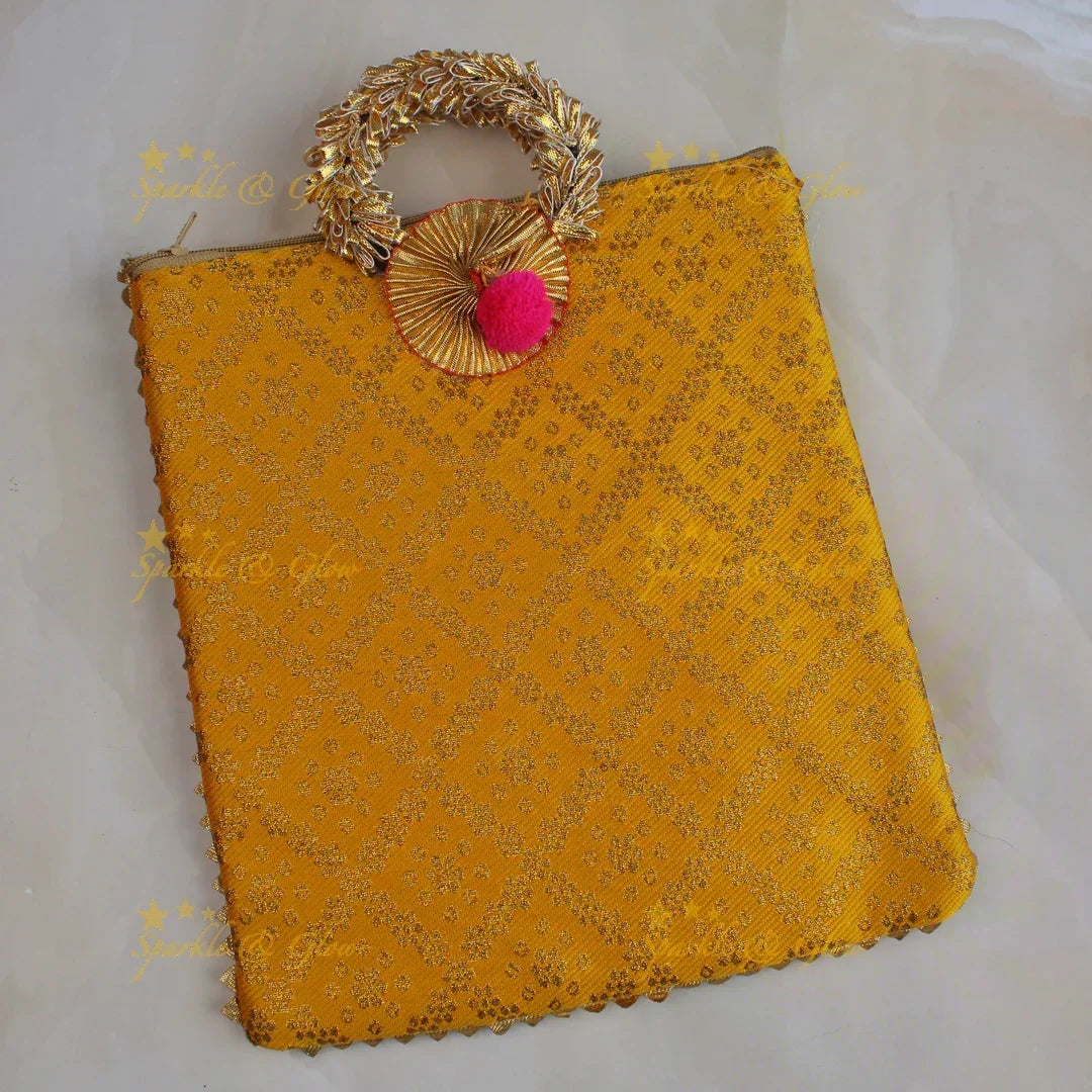 Beautiful potli bags with gold prints - set of 10 - Assorted colours for return gifts - Sparkle and Glow