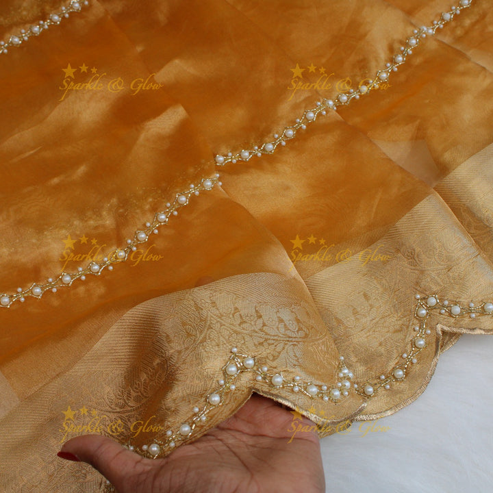 Grand gold colour silk organza saree with beads design with design blouse piece