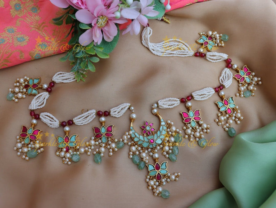 Sparkling Half moon Lotus design Multi layered Pearl hip chain with pearls and green beads - Sparkle and Glow - 