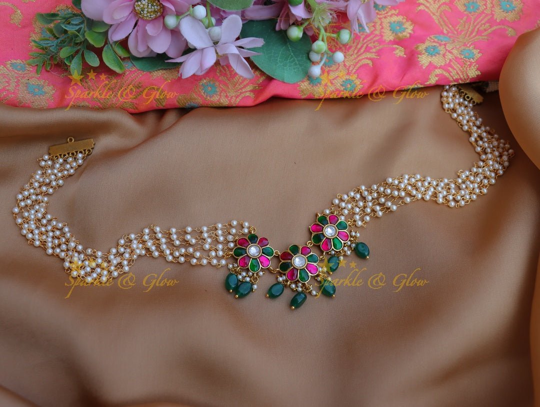 Stunning gold alike flower design and pearl hip chain - Sparkle and Glow - 