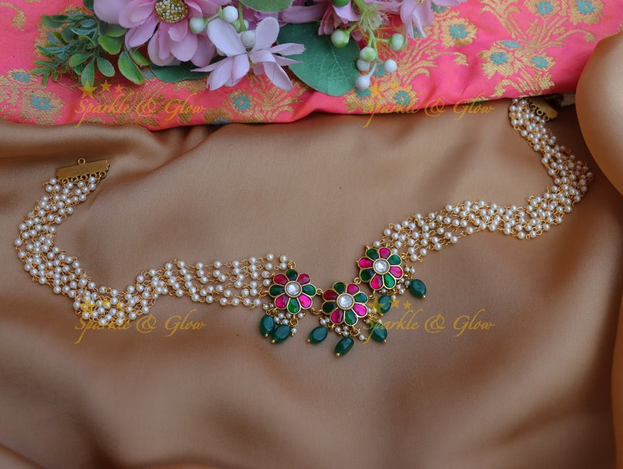 Stunning gold alike flower design and pearl hip chain - Sparkle and Glow - 