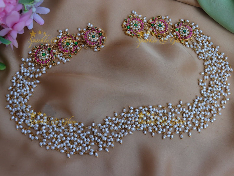 Beautiful peacock and floral design pearl hip chain - Sparkle and Glow - 