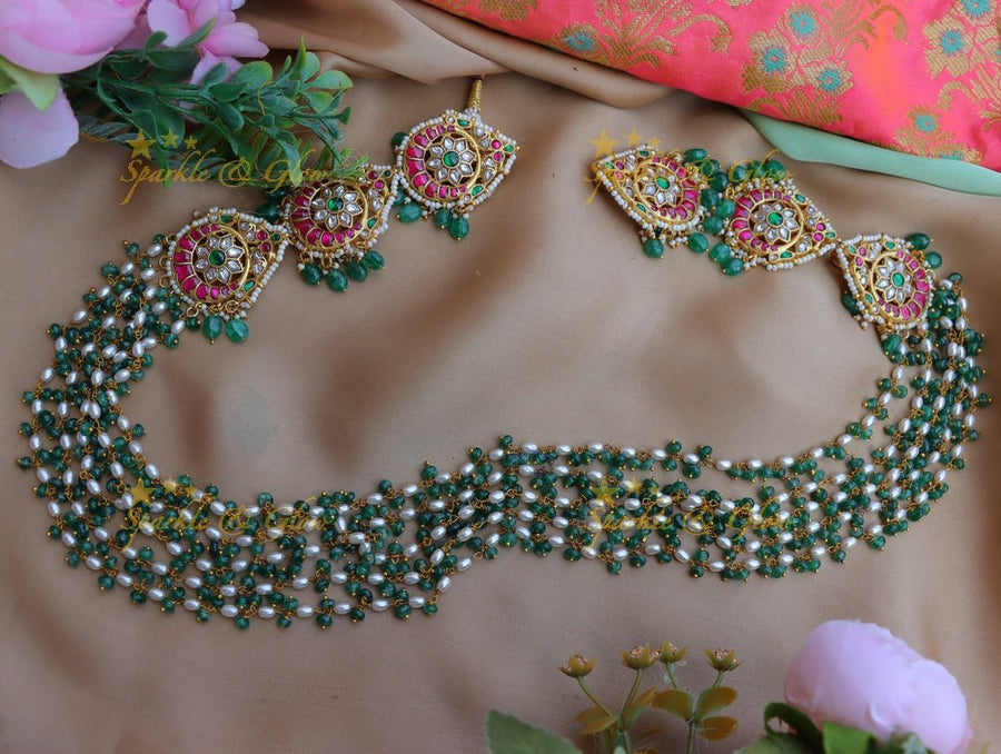 Statement Floral peacock design jadau haram with multi layer pearl and green beads hip chain - Sparkle and Glow - 
