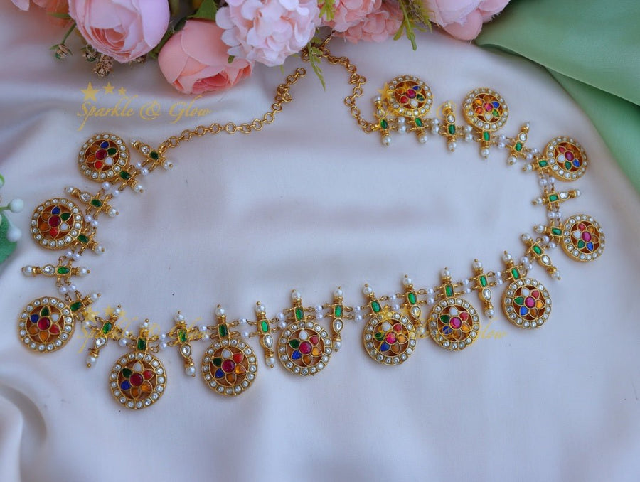 Jadau kundan navarathna kasu and coin hip chain - Sparkle and Glow - 