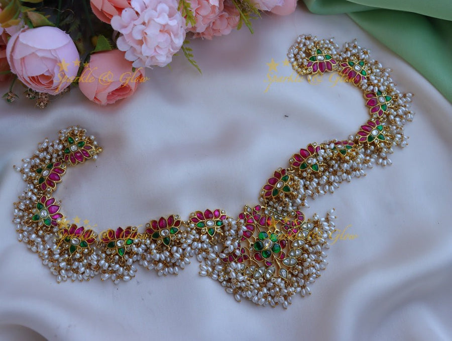Beautiful Gheru gold jadau lotus rice pearl hip chain - Sparkle and Glow - 