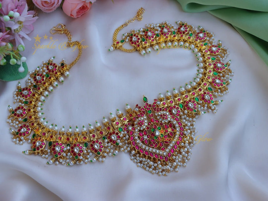 Stunning mango and floral design jadau hip chain with rice pearl beads - Sparkle and Glow - 