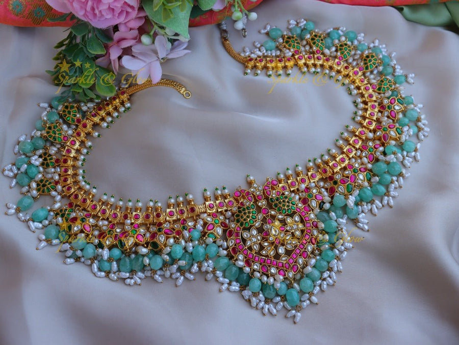 Elegant floral design hip chain with rice pearl beads - Sparkle and Glow - 