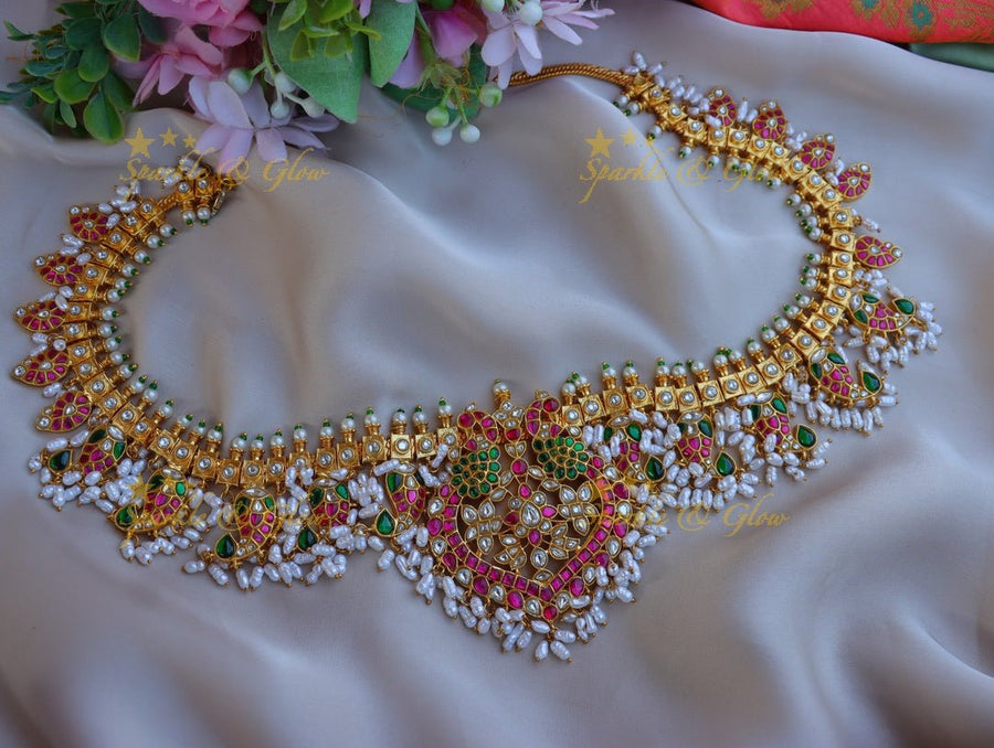 Gorgeous mango and floral design jadau hip chain with rice pearl beads - Sparkle and Glow - 