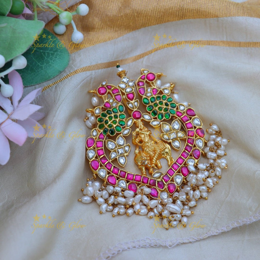 Gorgeous lord krishna and peacock design jadau stones Hair pin / Pendent - Sparkle and Glow - 