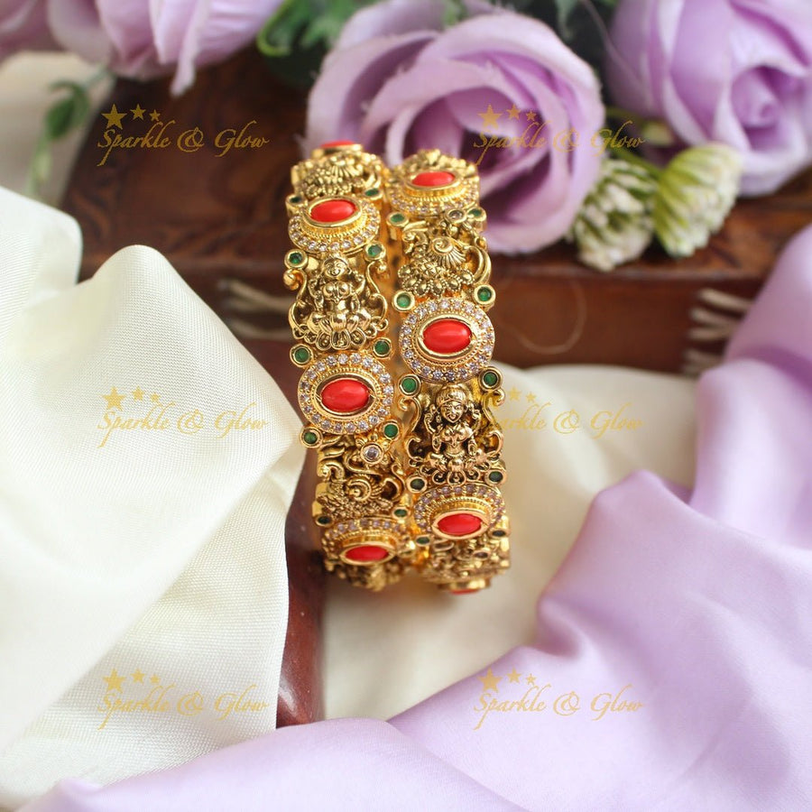 Beautiful lakshmi peacock and coral stones bangles - 2.4 - Sparkle and Glow - 2.4 - 