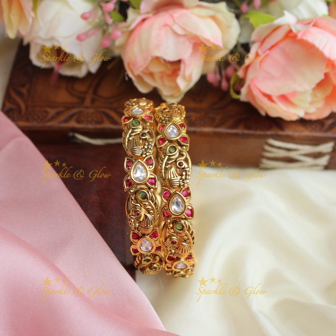 Stunning peacock and floral design with pink and green stones bangles - Pink and Green - 2.4 - Sparkle and Glow - 2.4 - Pink Green