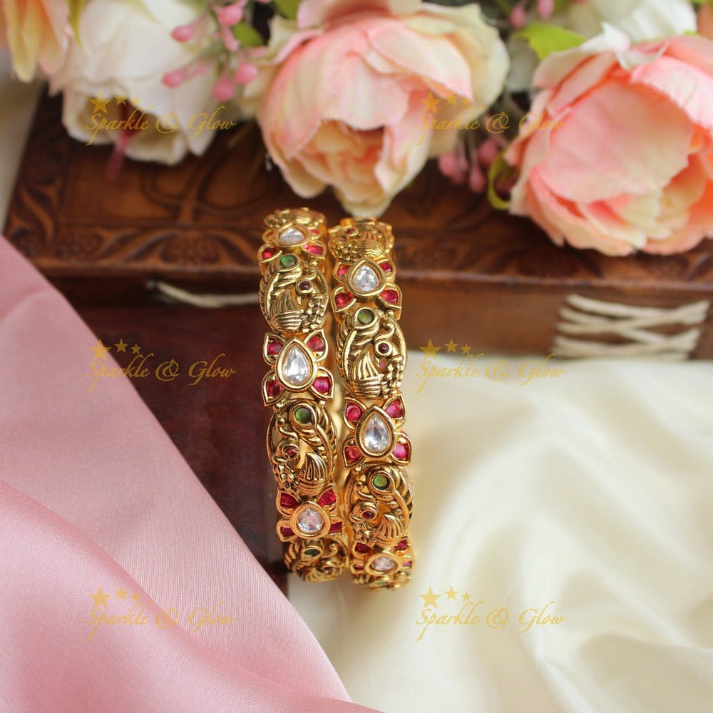 Stunning peacock and floral design with pink and green stones bangles - Green - 2.6 - Sparkle and Glow - 2.4 - Pink Green