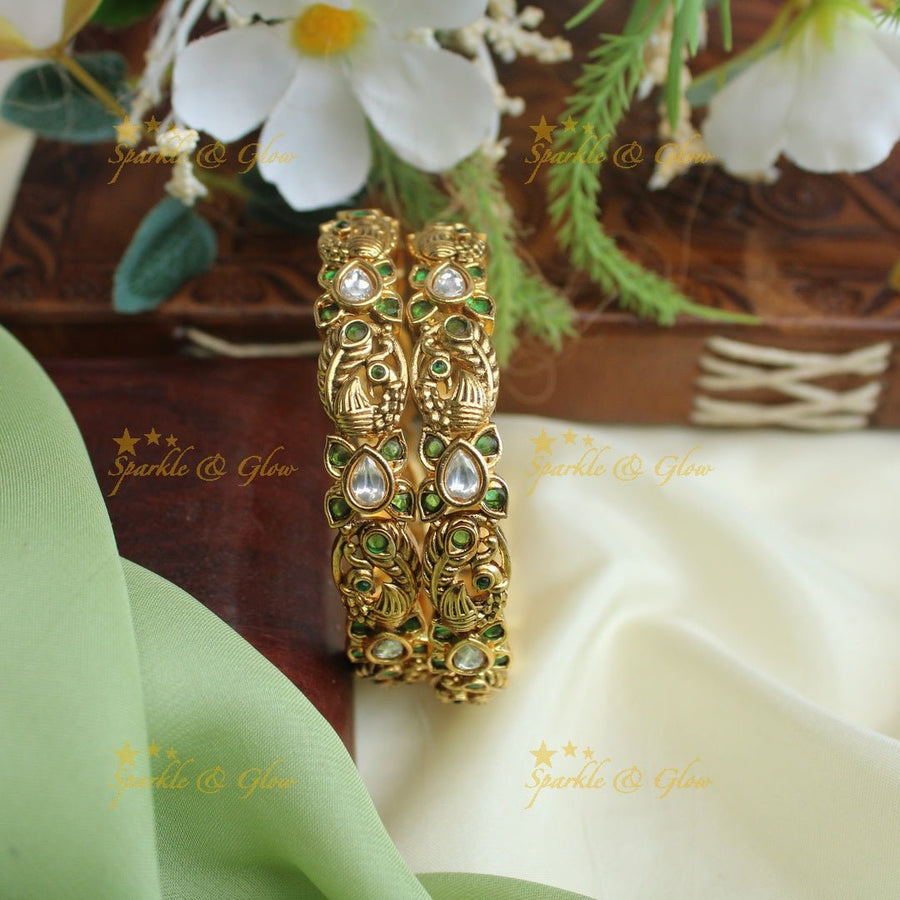 Stunning peacock and floral design with pink and green stones bangles - Pink and Green - 2.4 - Sparkle and Glow - 2.4 - Green