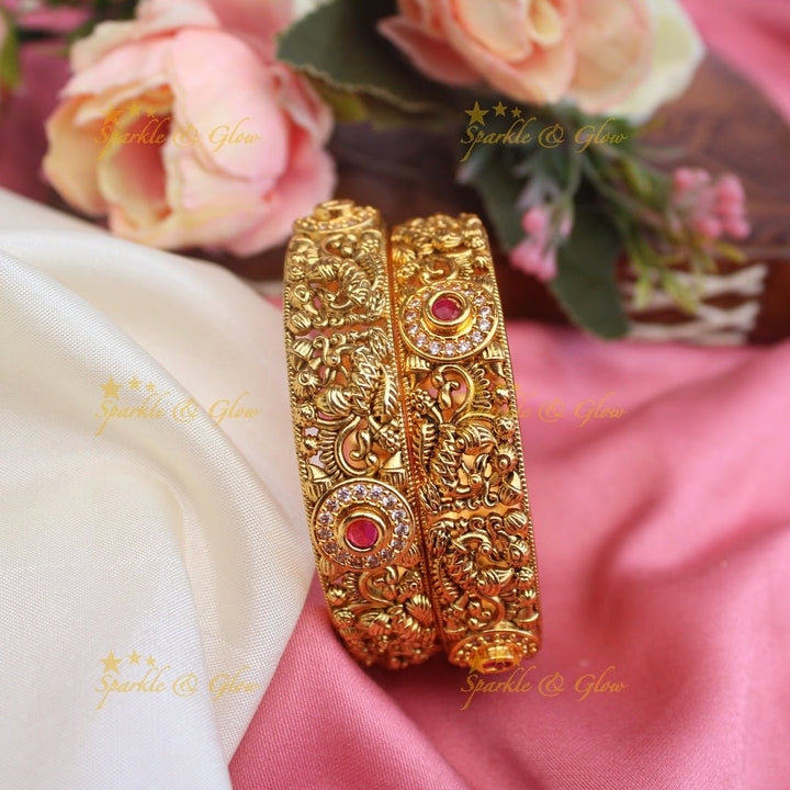 Simple and elegant peacock design pink stones bangles - Pink - 2.4 - Sparkle and Glow - 2.4 - Pink