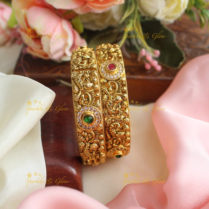Simple and elegant peacock design pink stones bangles - Pink - 2.4 - Sparkle and Glow - 2.4 - Pink Green