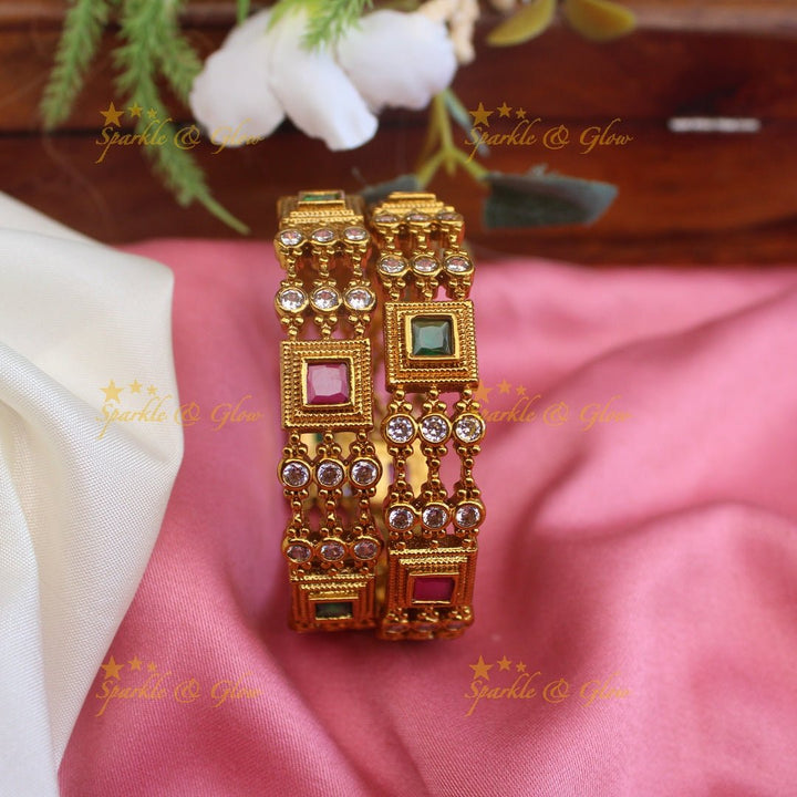 Pretty pink and green stones gold alike bangles - Pink and Green - 2.4 - Sparkle and Glow - 2.4 - Pink Green