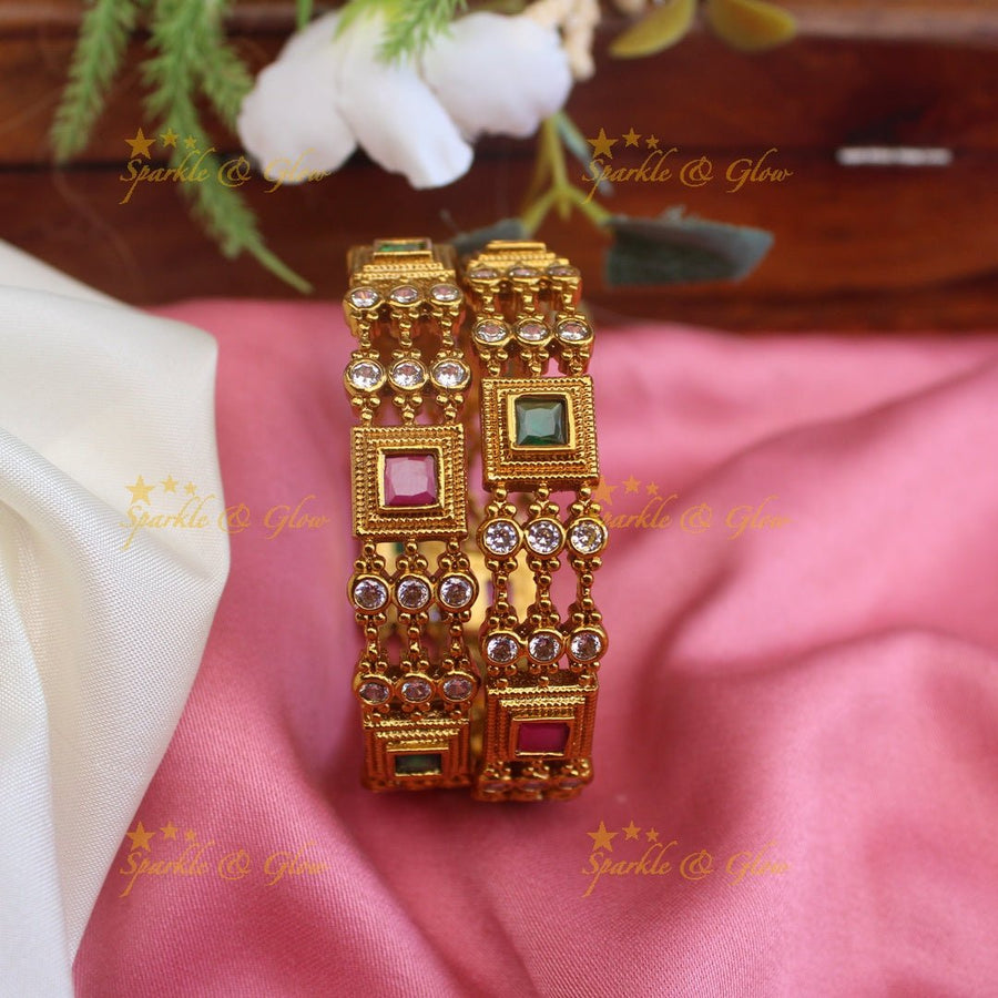 Pretty pink and green stones gold alike bangles - Pink and Green - 2.4 - Sparkle and Glow - 2.4 - Pink Green