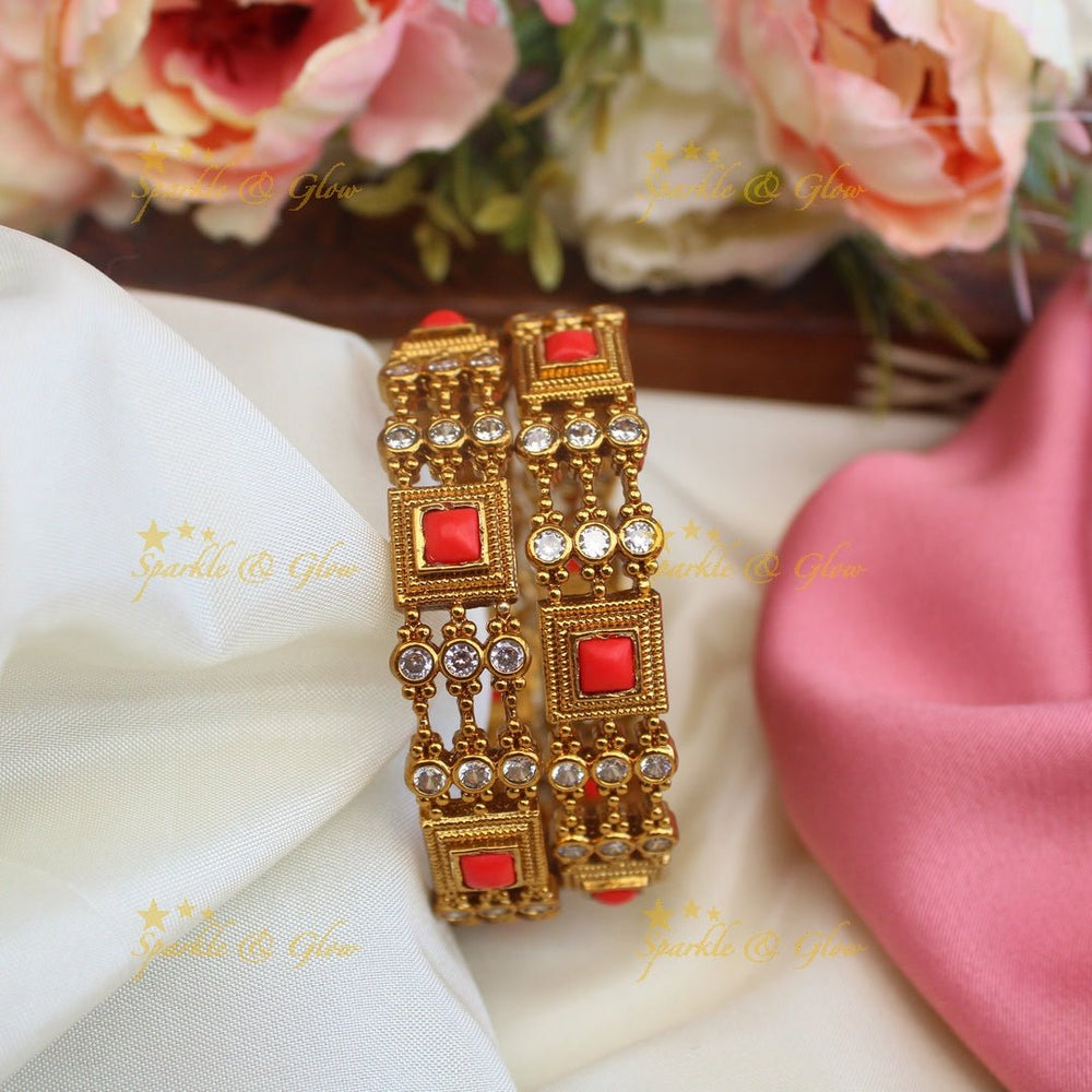 Pretty pink and green stones gold alike bangles - Pink and Green - 2.4 - Sparkle and Glow - 2.4 - Coral