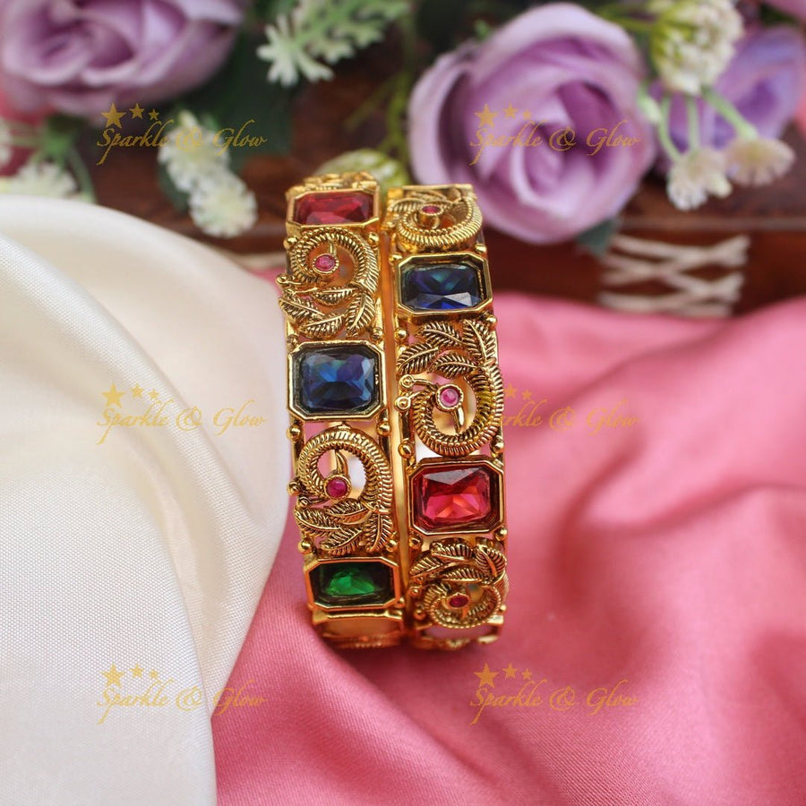 Pretty peacock design and multi colours stones bangles - 2.6 - Sparkle and Glow - 2.6 - 