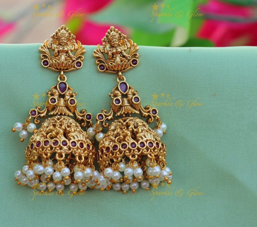 Gold alike antique gutta pusalu Lakshmi jhumukas - Ruby - Sparkle and Glow - Ruby - 