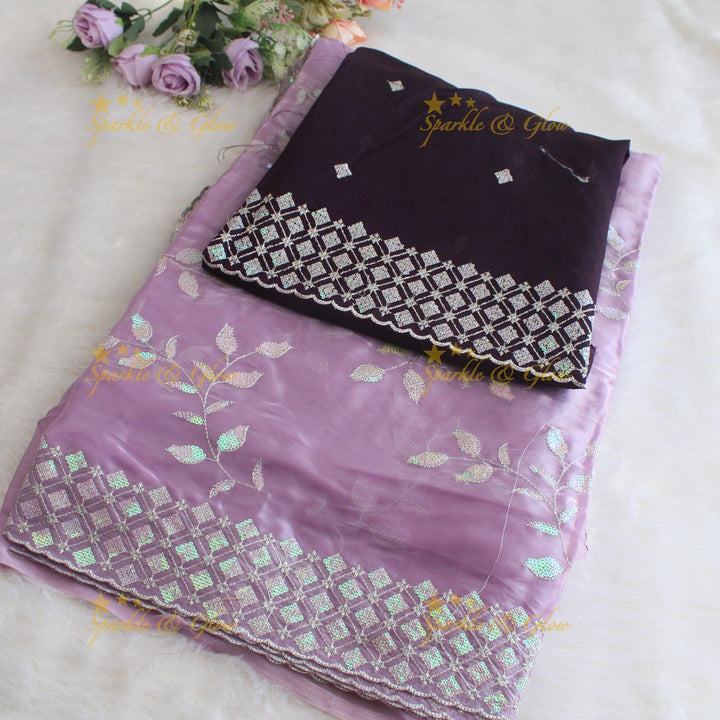 Beautiful leaf design lavender colour organza saree with dark purple blouse piece - Lavender
