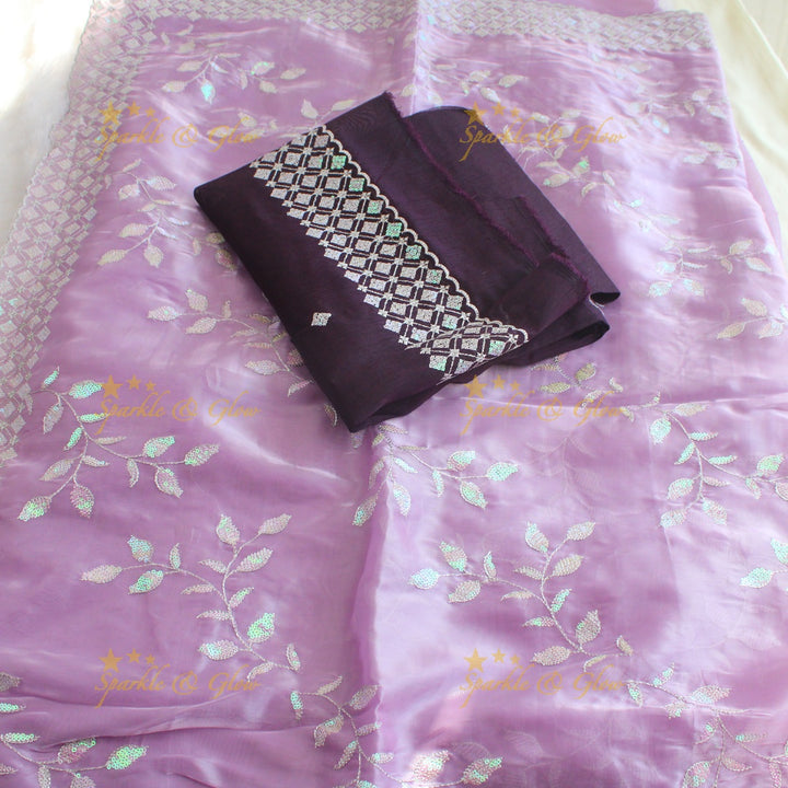 Beautiful leaf design lavender colour organza saree with dark purple blouse piece - Lavender
