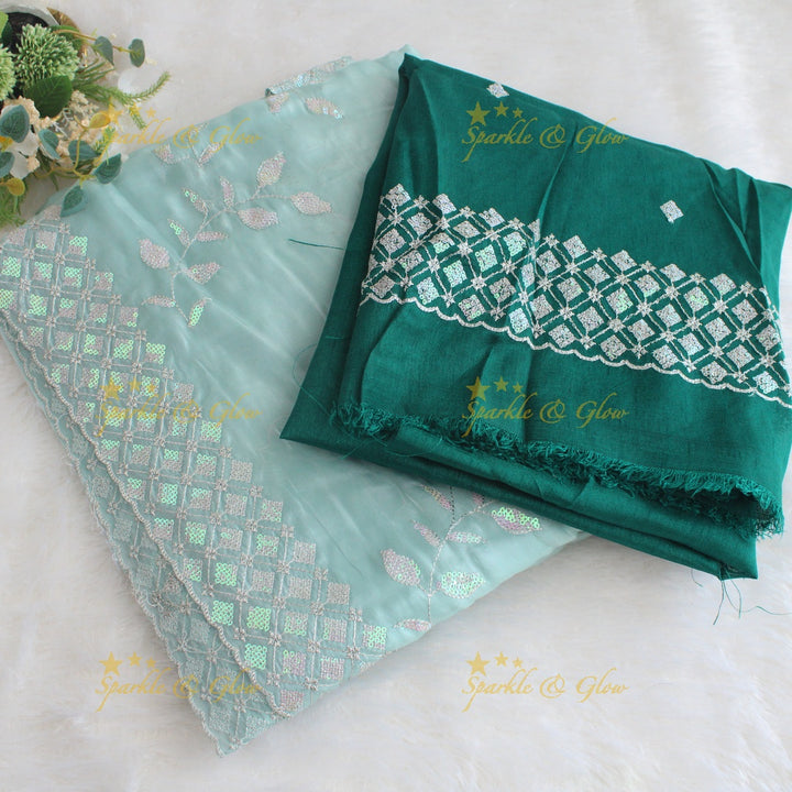 Beautiful leaf design lavender colour organza saree with dark purple blouse piece - Lavender