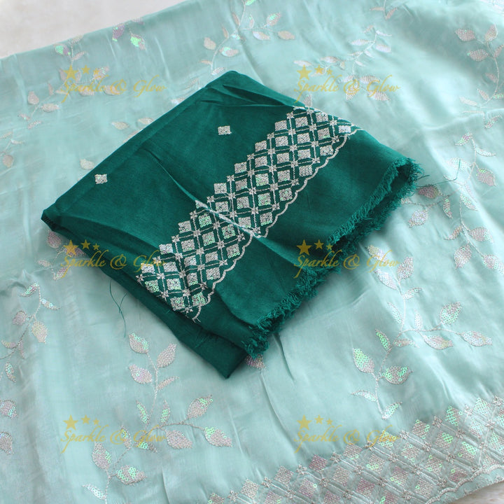 Beautiful leaf design lavender colour organza saree with dark purple blouse piece - Lavender