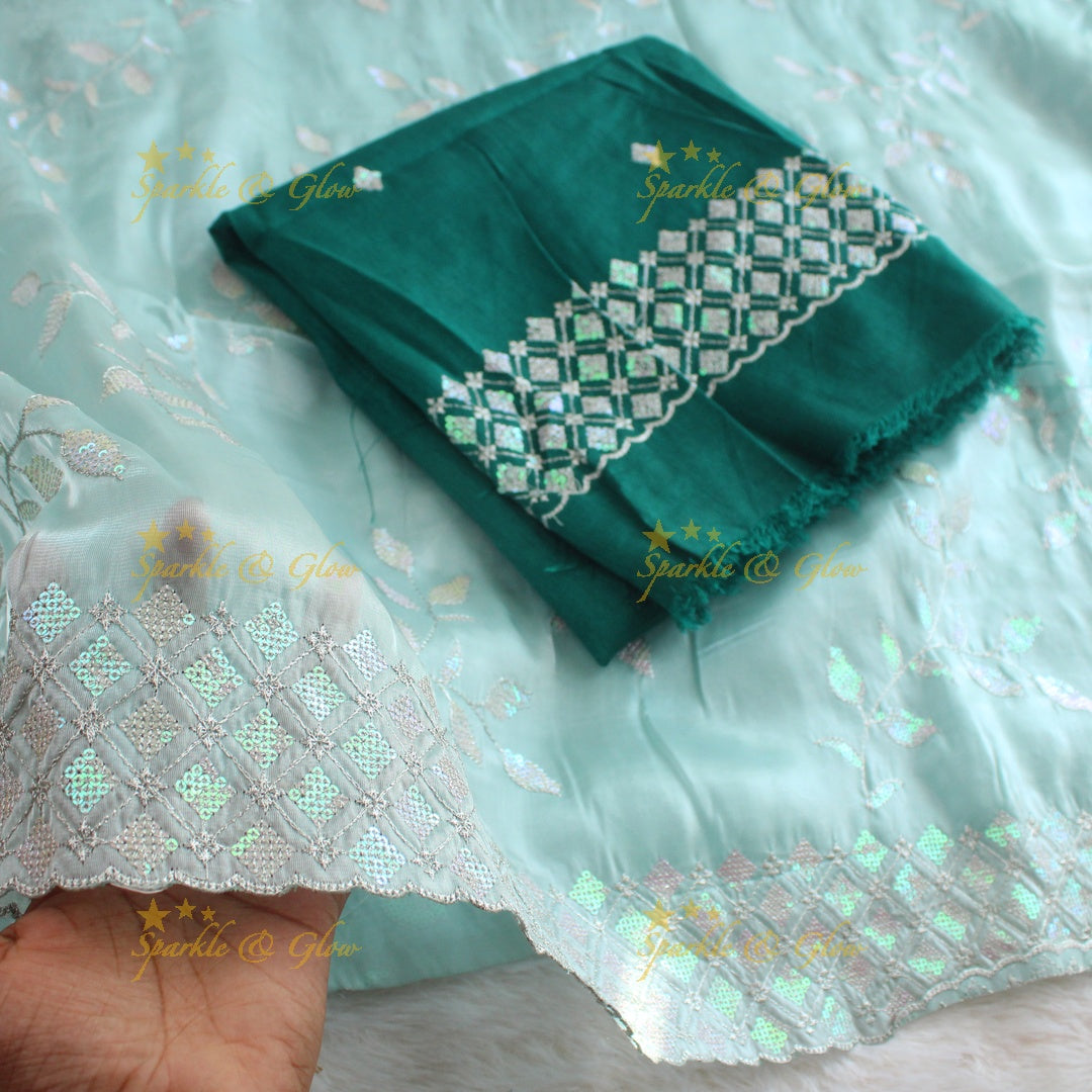 Beautiful leaf design lavender colour organza saree with dark purple blouse piece - Lavender