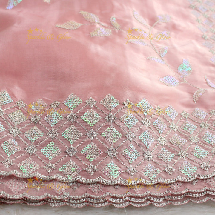 Beautiful leaf design lavender colour organza saree with dark purple blouse piece - Lavender