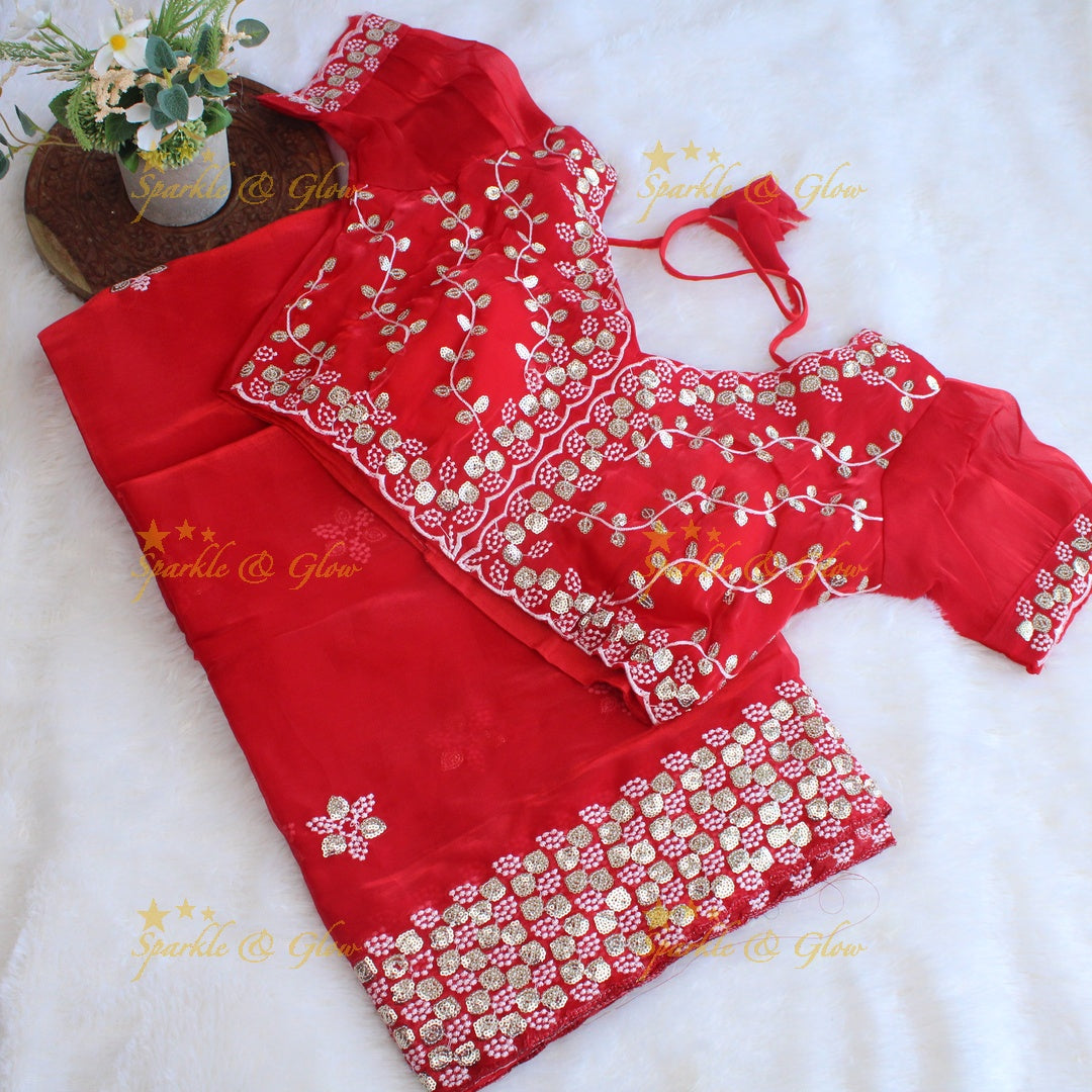 Gorgeous floral and leaf design organza saree with readymade blouse - Red